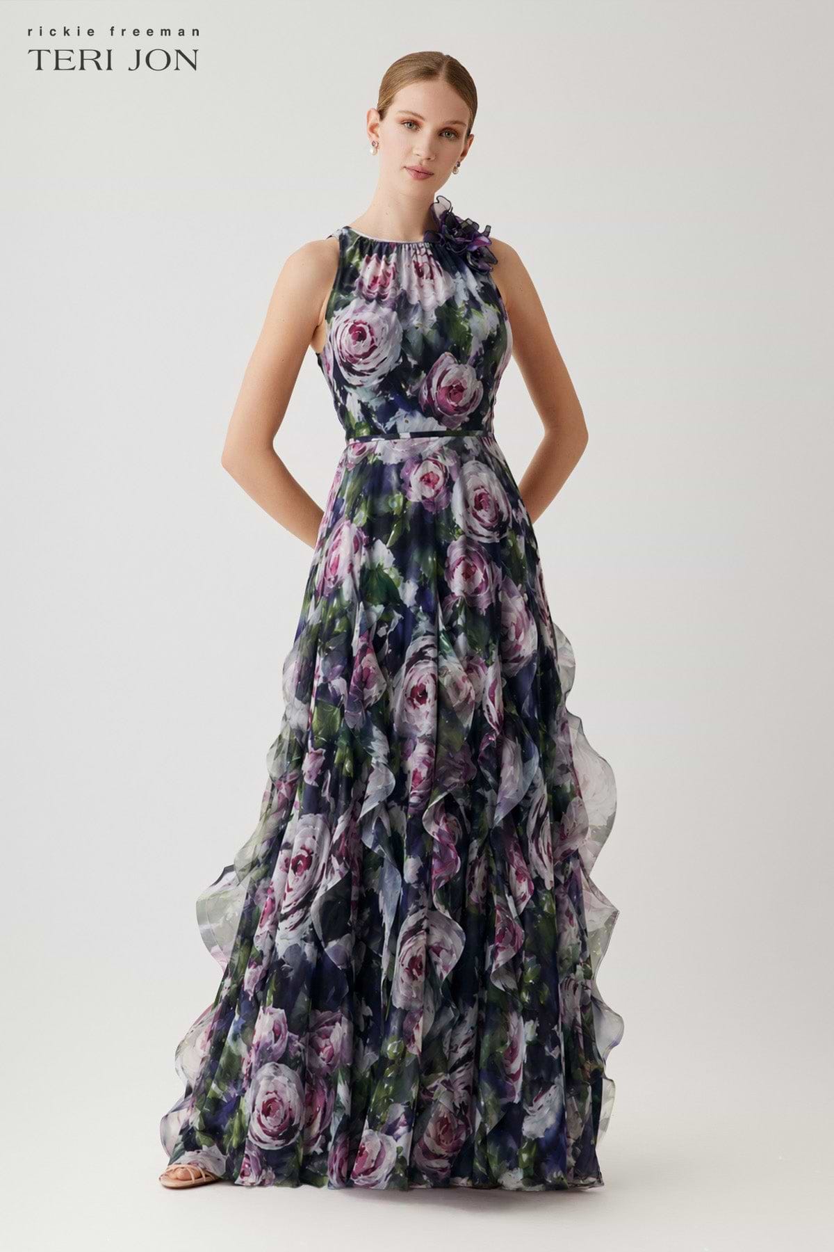 Teri Jon Chiffon Halter Organza Ruffle Skirt Gown Size 0
