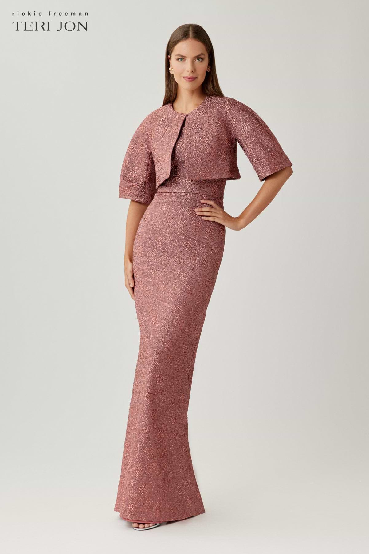 Teri Jon Metallic Jacquard Strapless Column Gown Size 2