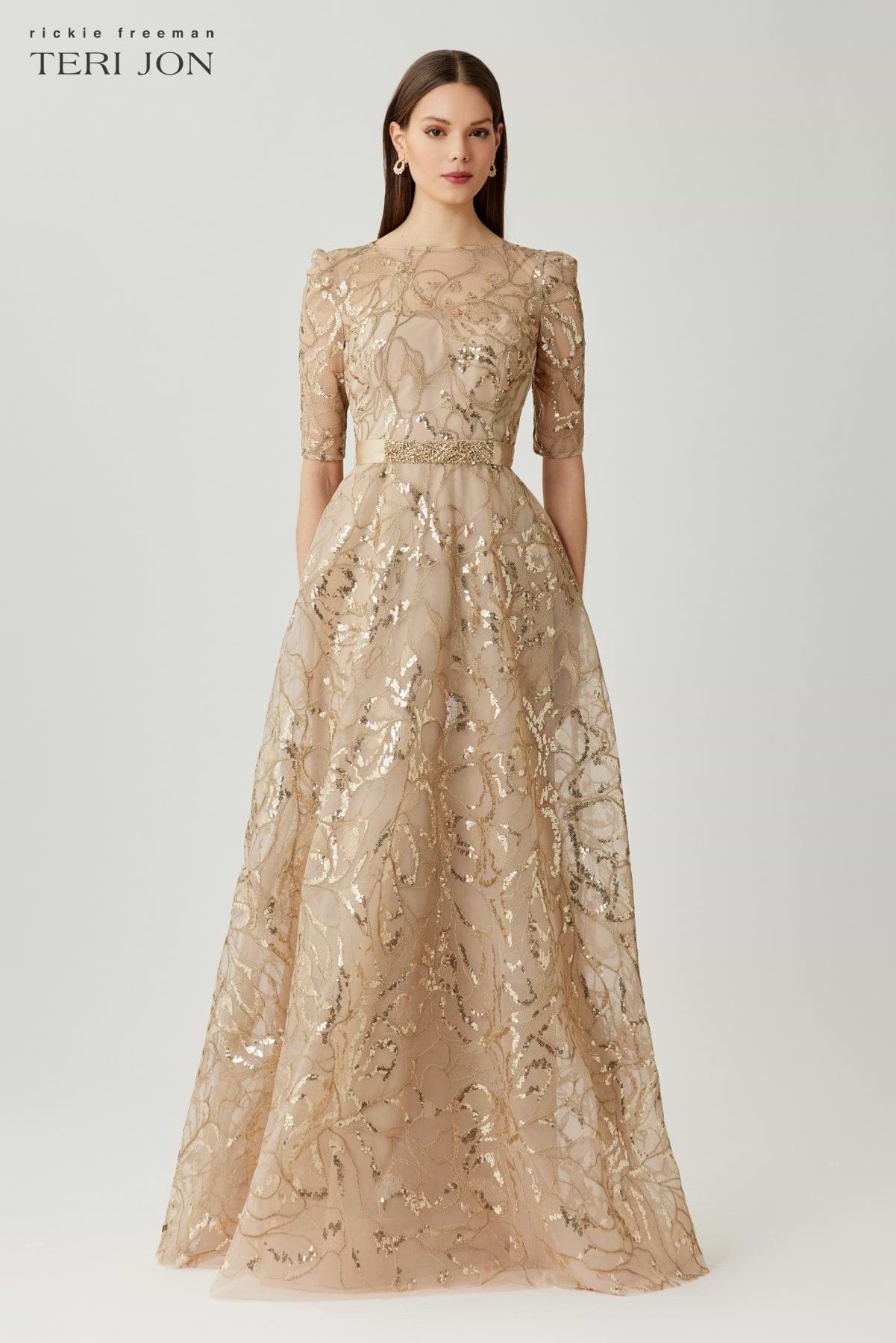teri jon gold dress by Rickie Freeman Women's Sequined Floral Tulle Gown teri jon dresses on sale