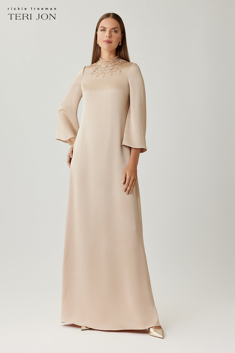 Satin Beaded Collar Flare Sleeve Gown –