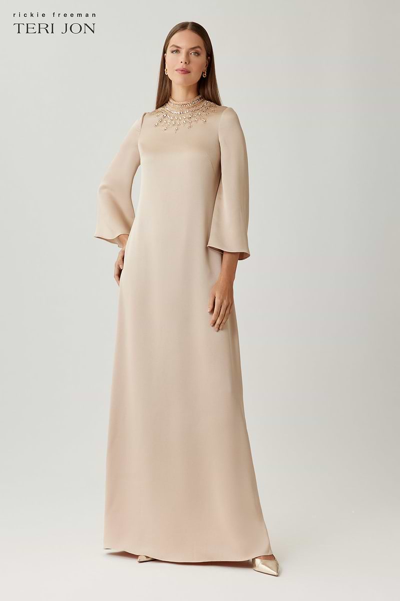 Satin Beaded Collar Flare Sleeve Gown –