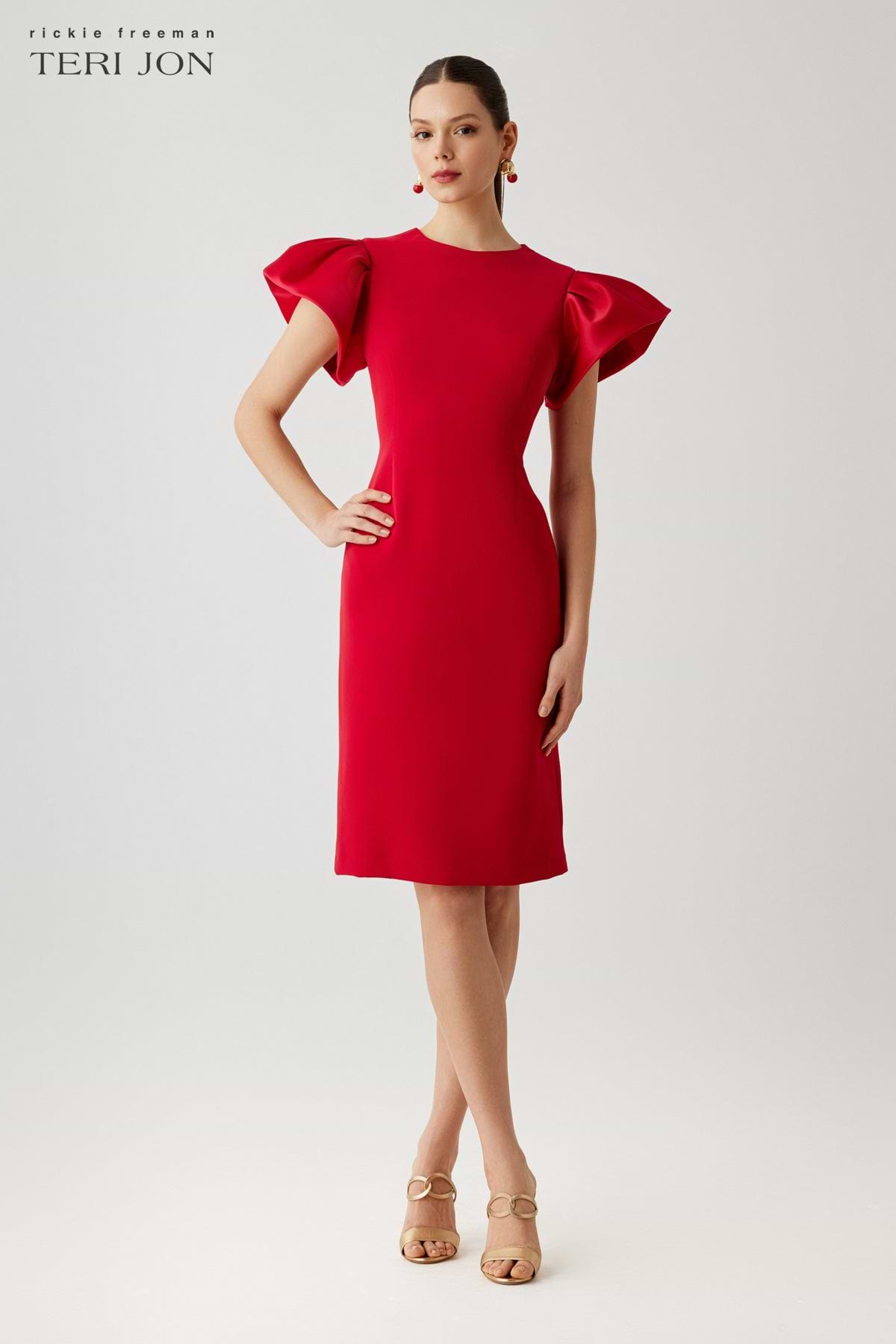 Crepe Sheath Dress With Satin Flounce Short Sleeves