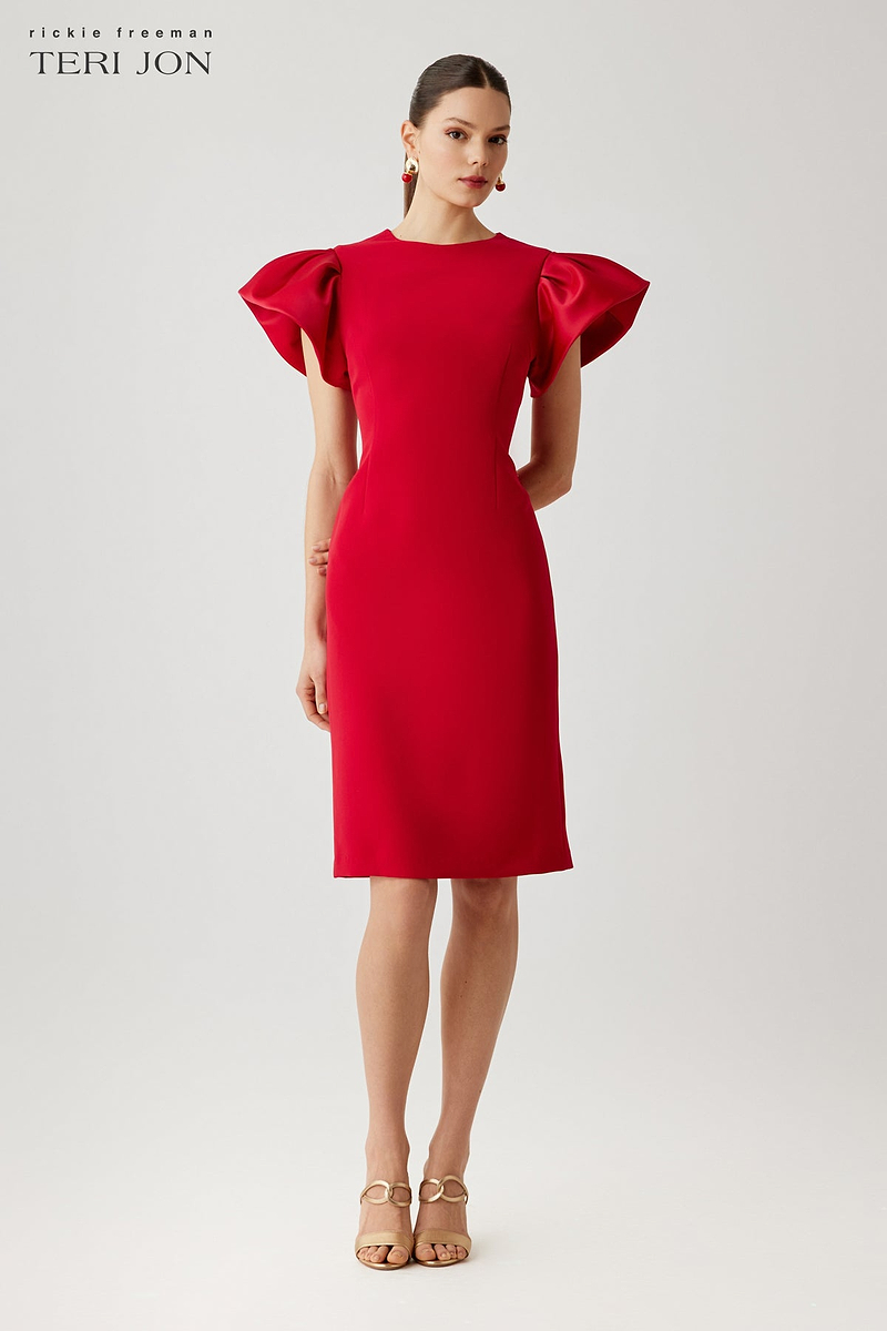 Teri Jon Crepe Sheath Dress With Satin Flounce Short Sleeves Size 2