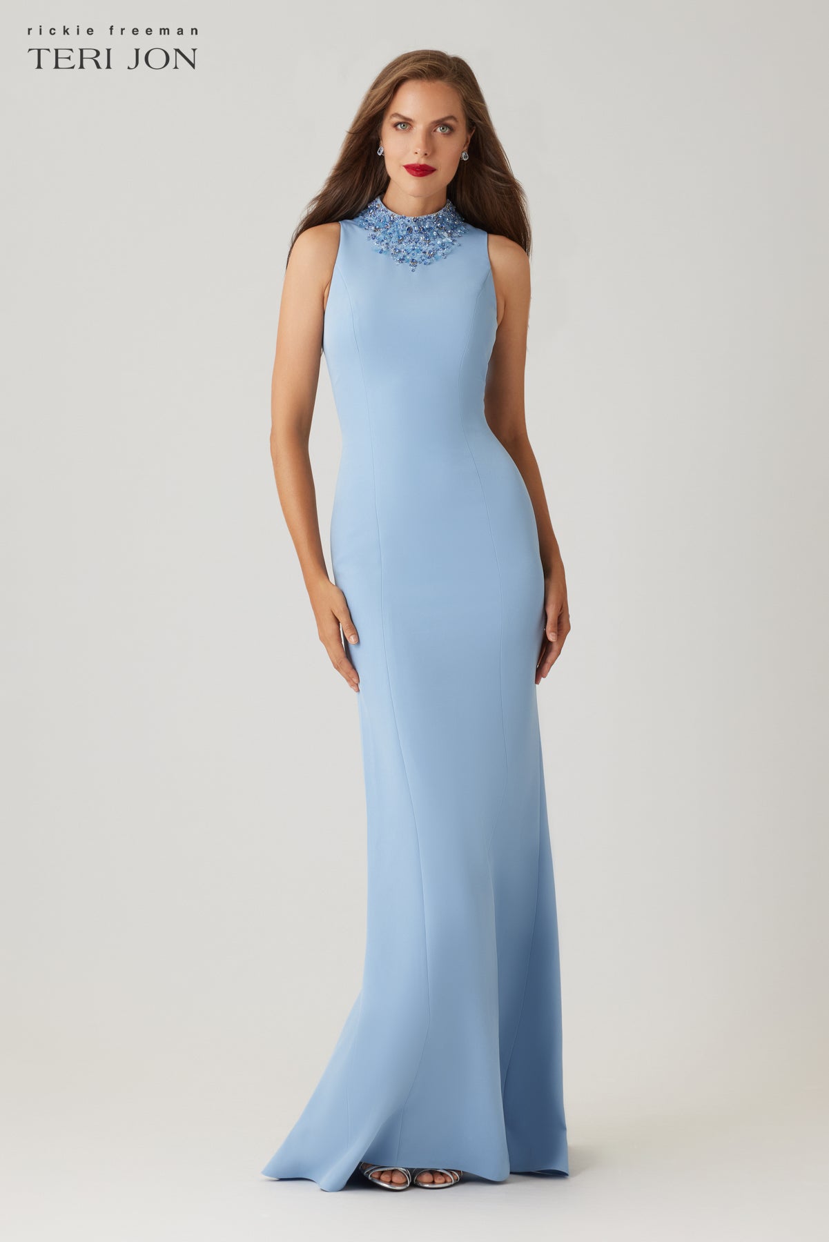mock neck beaded column dress with t back Teri Jon by Rickie Freeman Women's Crepe Gown Cute Modest Done in a luminous The Back Necklace Is Size:40mm