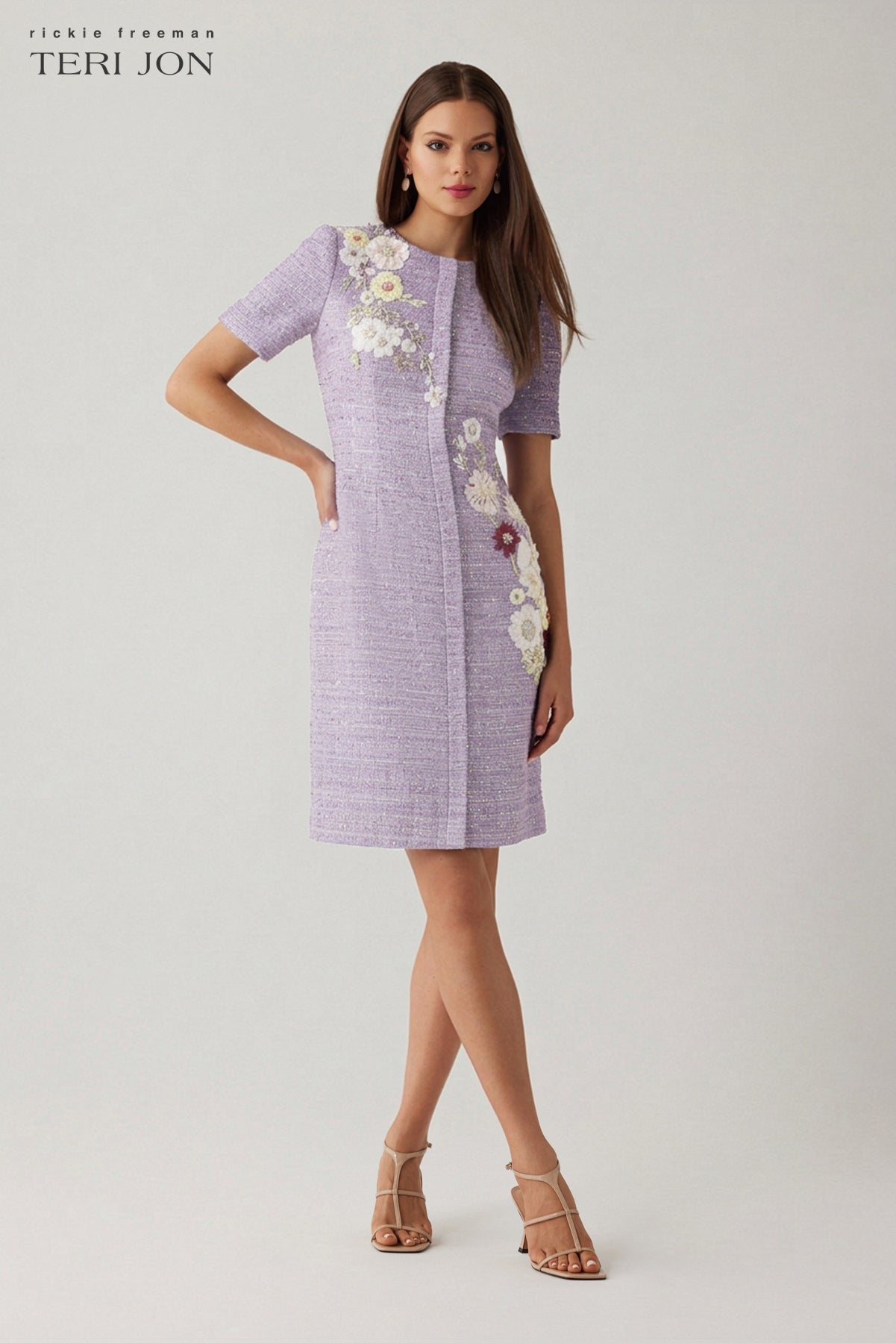Tweed Short Sleeve Floral Applique Sheath Dress – Terijon.com