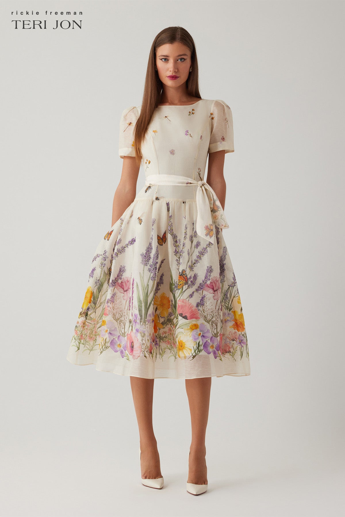 rickie freeman for teri jon cocktail dresses Silk Linen Drop Waist Border Printed Dress Size 2 Move to Int Staging 12.18.25 Elegant Yellow Backless Lace adding femininity and charm size-womens-clothing_:4