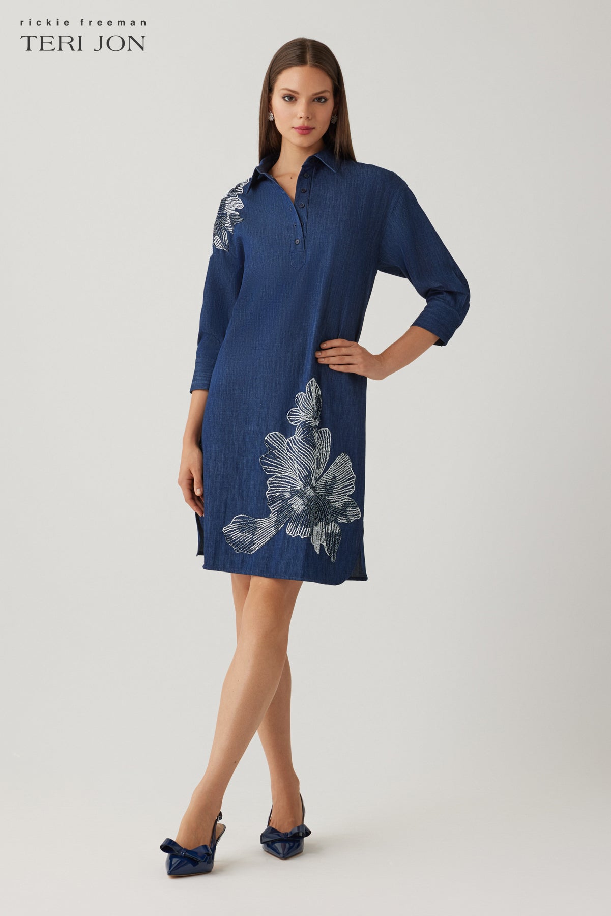 Denim Shirt Collar Tunic Beaded Trim Dress –