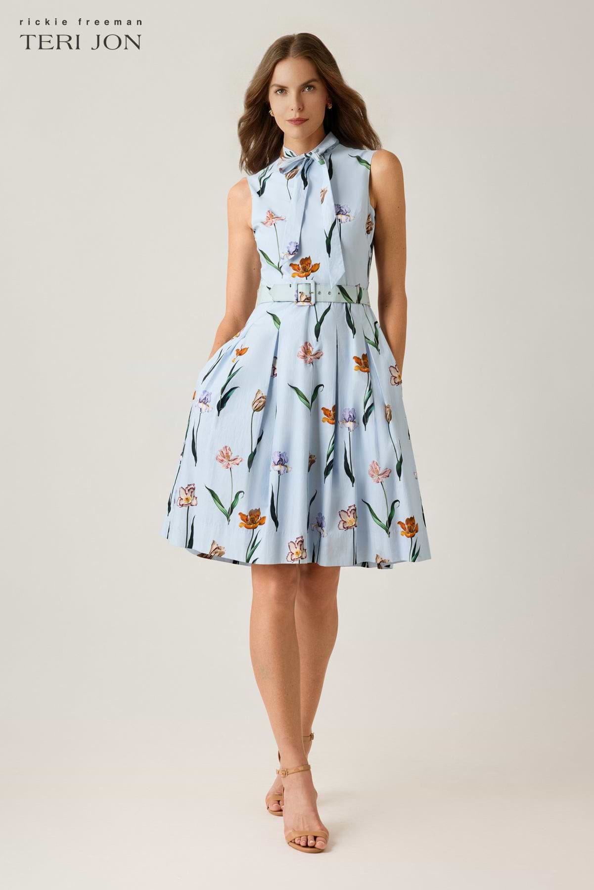 Teri Jon Cotton Print Tie Neck Dress Size 10