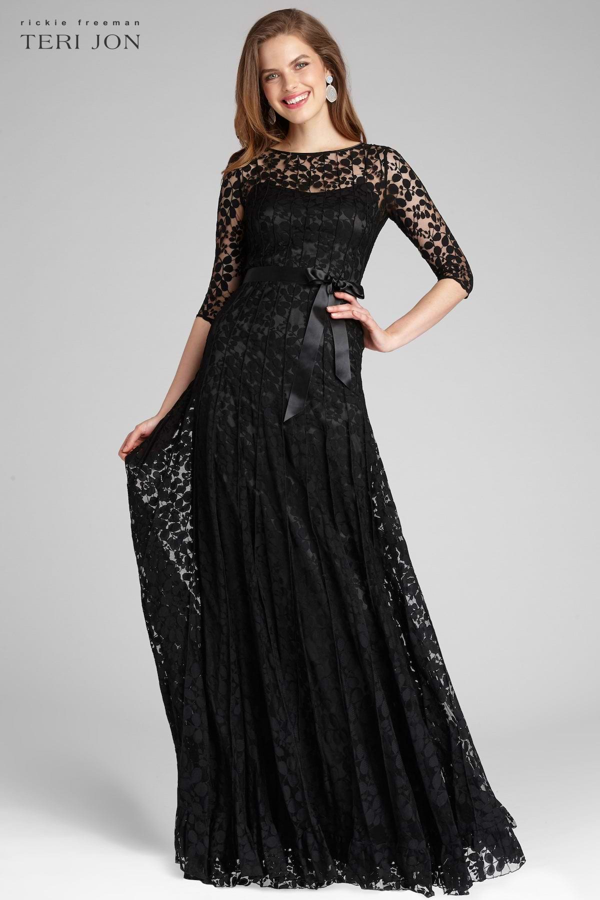 Teri Jon Black Lace Floor Length Evening Gown