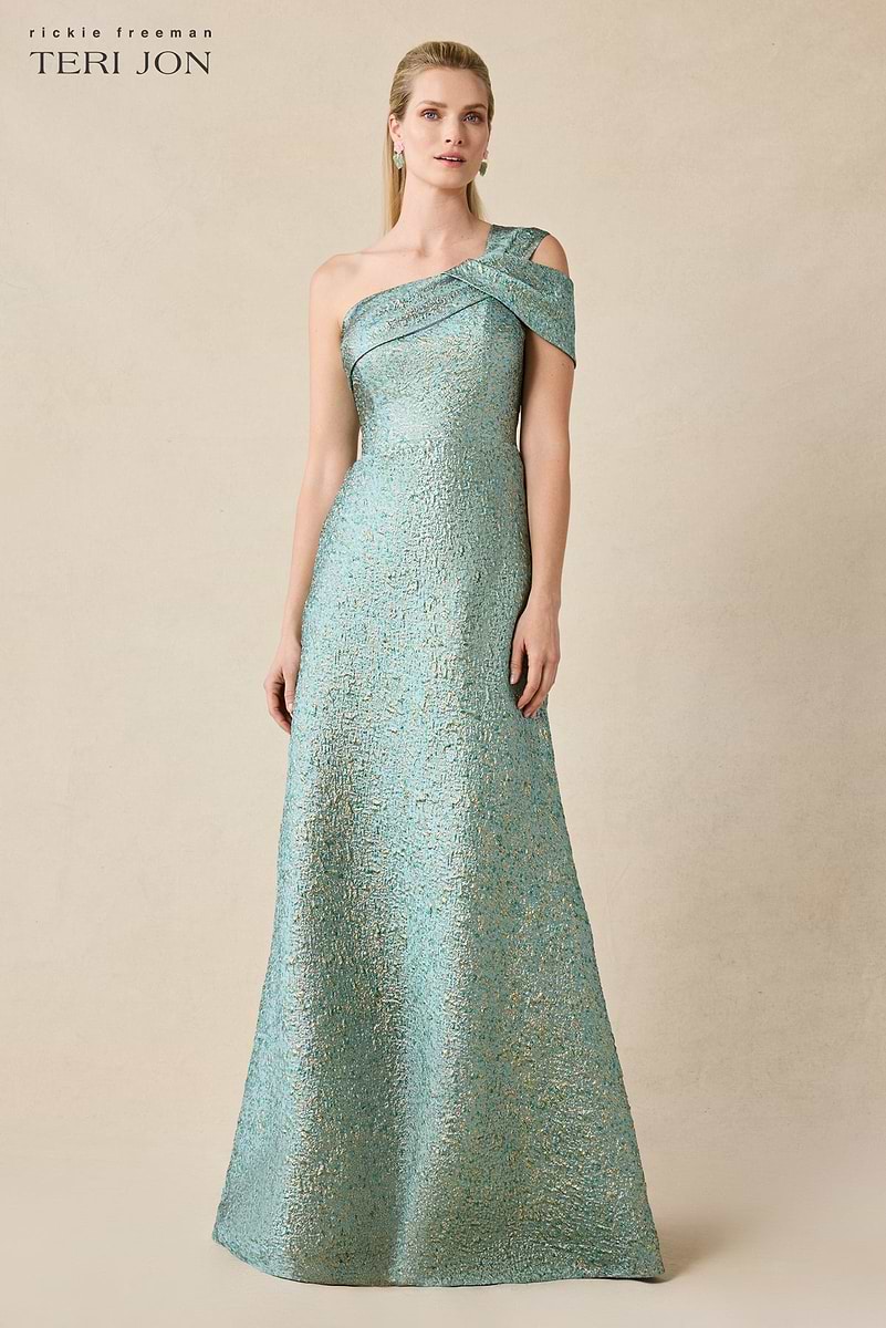Metallic Jacquard Asymmetrical One Shoulder Evening Gown –