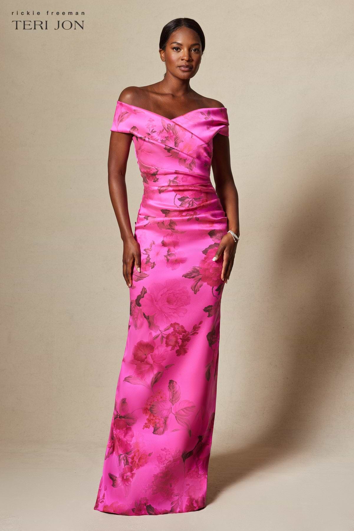 Stretch Printed Gazar Draped Off Shoulder Gown