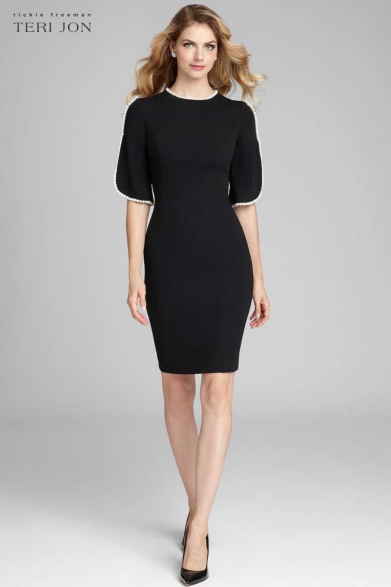 Teri Jon By Rickie Freeman Women's Pearl Trim Sheath Dress - Black