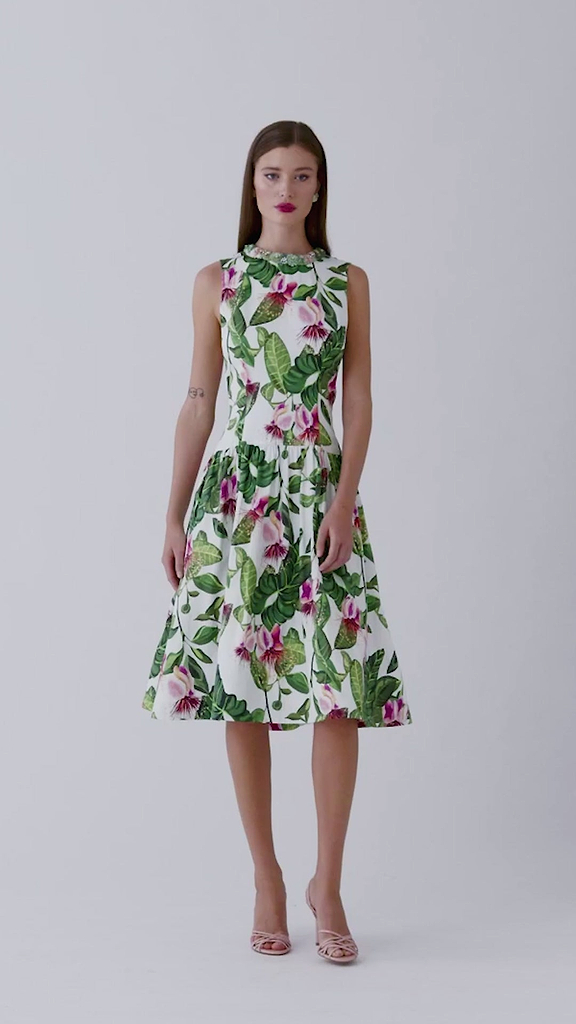 Cotton Floral Print Drop Waist Necklace Trim Dress