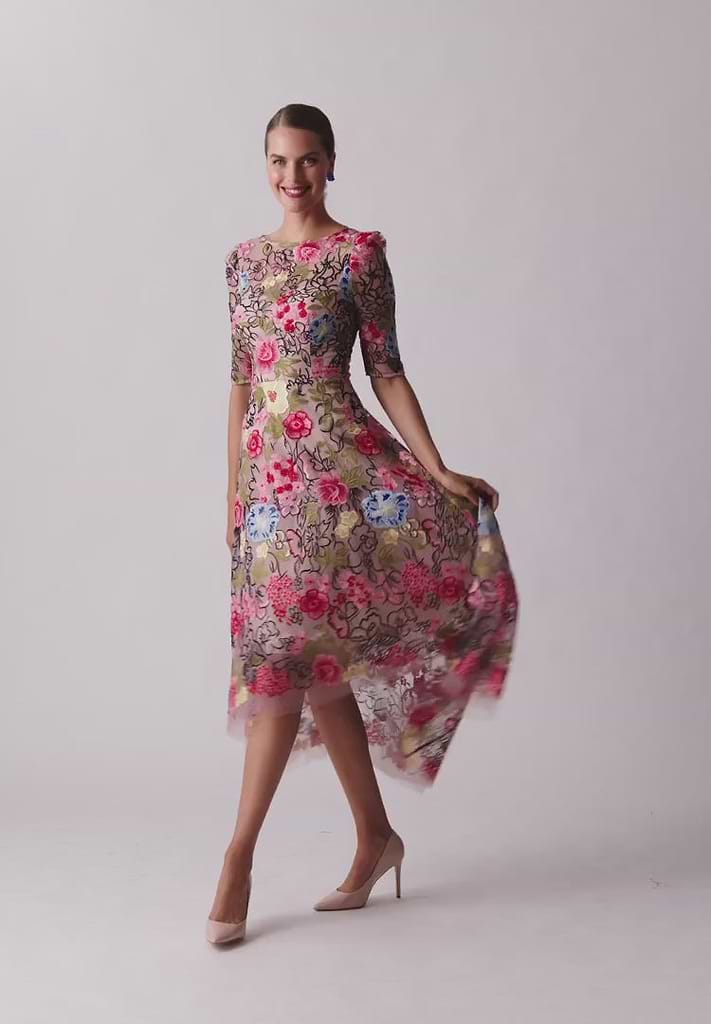 Embroidered Floral High Low Fit N Flare Dress –