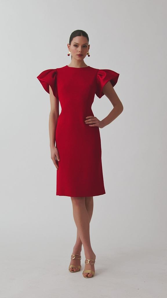 Teri Jon Crepe Sheath Dress With Satin Flounce Short Sleeves Size 2