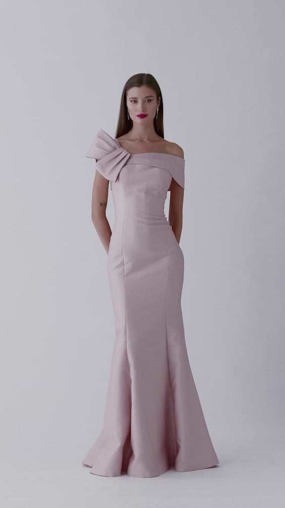 Metallic Jacquard Asymmetric Neck Bow Shoulder Gown –