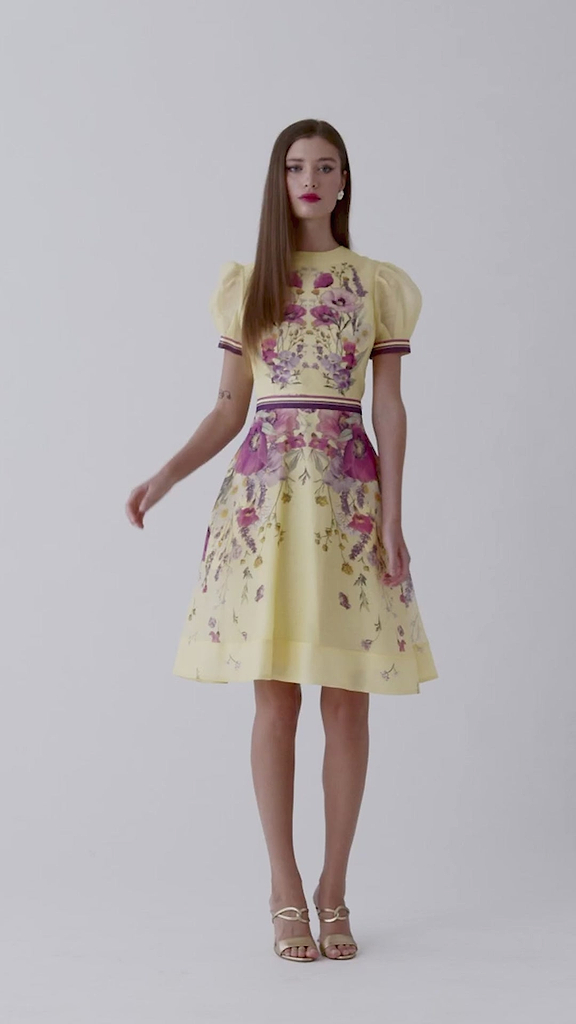 Teri Jon Silk Linen Short Sleeve Floral Print Dress Size 6