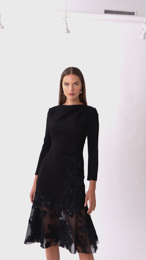 Crepe Lace Trim Tea Length Dress –