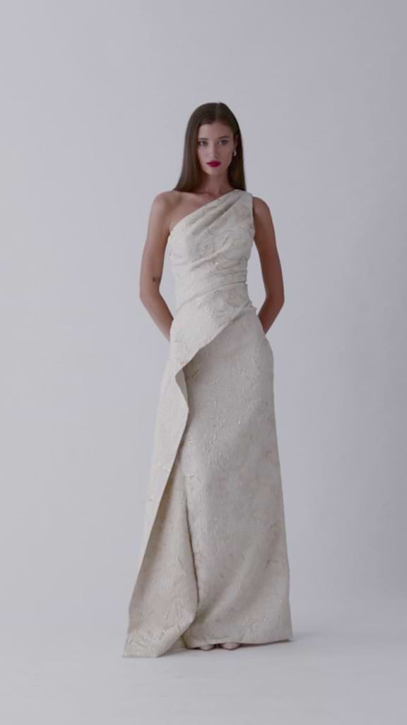 Teri Jon Metallic Jacquard One Shoulder Gown - Champagne Multi