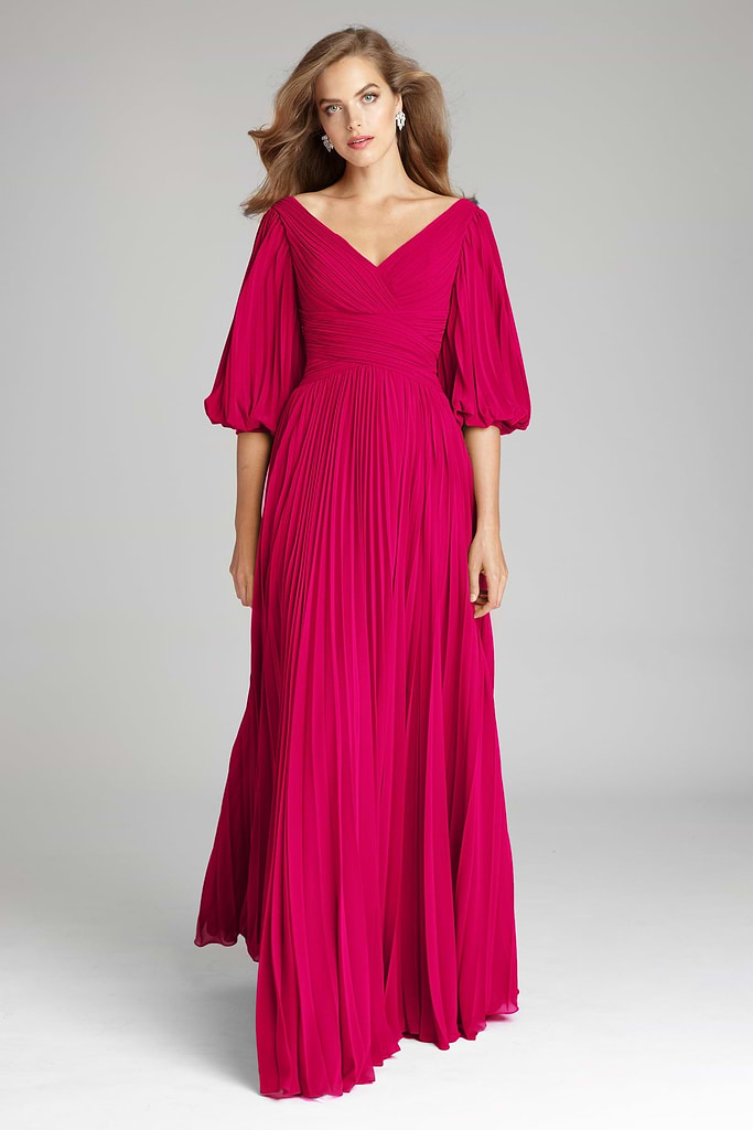 Teri Jon Fuchsia Chiffon Puff Sleeve Pleated V-Neck Gown Size 18