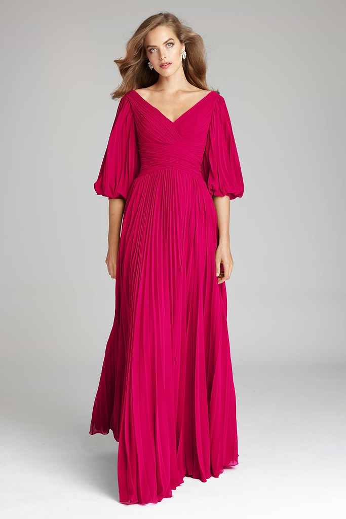 Teri Jon Fuchsia Chiffon Puff Sleeve Pleated V-Neck Gown Size 18