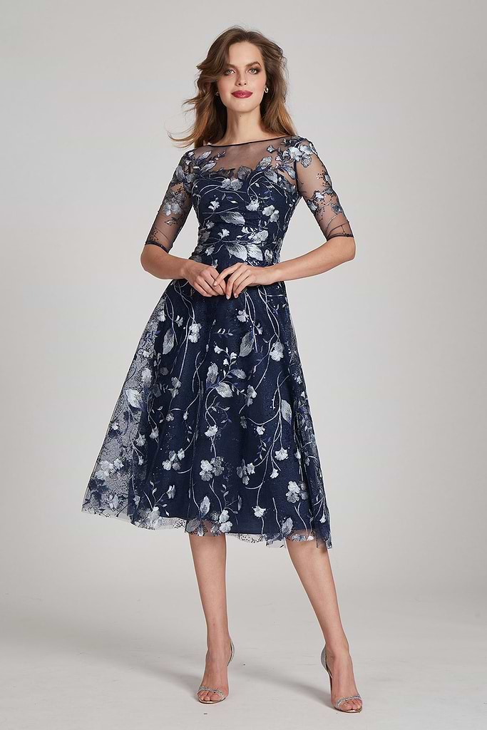 tea length evening dress Embroidered Tulle Cocktail line dress features a sweetheart neckline and a sheer bodice adorned with multicolored floral appliqués Dark Pink Tea Length Wedding