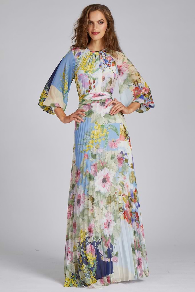 Patchwork Print Pleated Maxi Gown