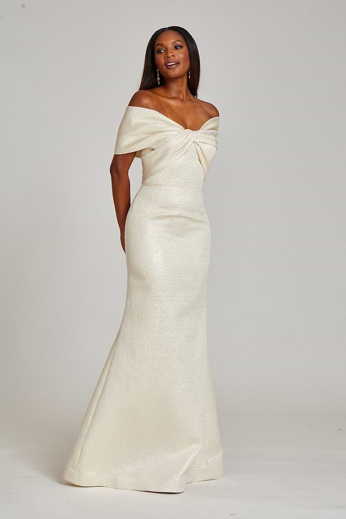 Metallic Jacquard Twist Bodice Off The Shoulder Gown –