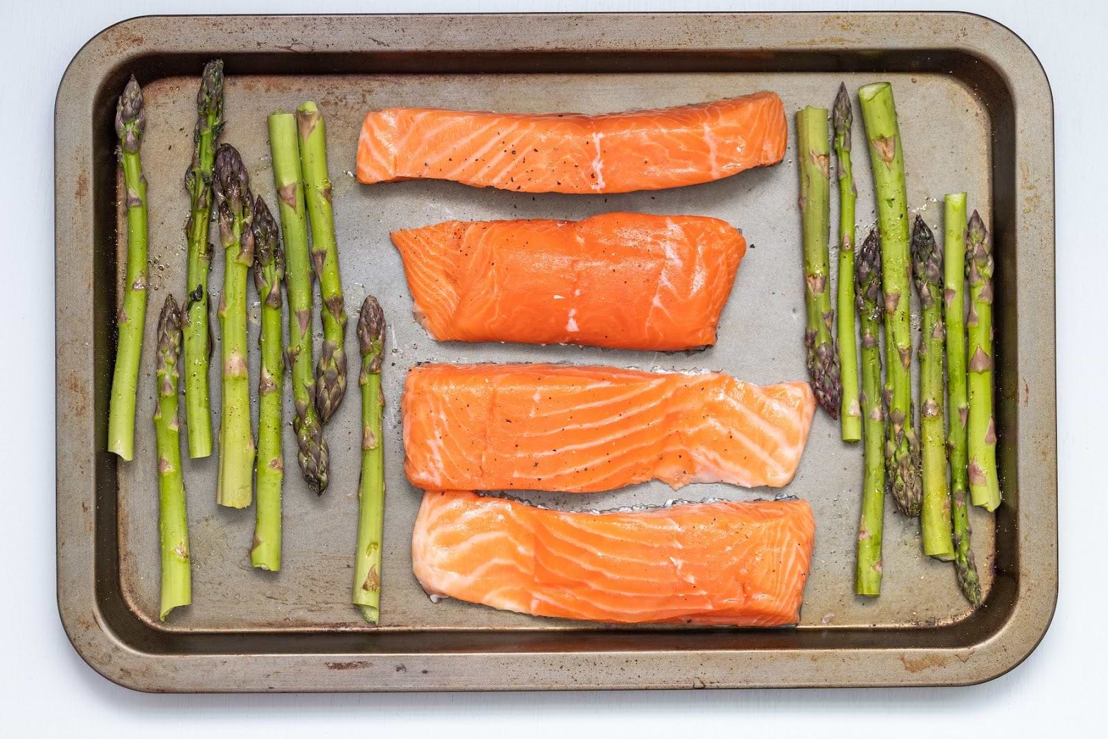 A sheet pan of salmon and asparagus