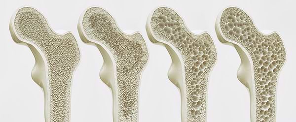 4 bones next to each other showing the diffence between having osteosporosis and not having it, one of the main benefits of taking diatomaceus earth.