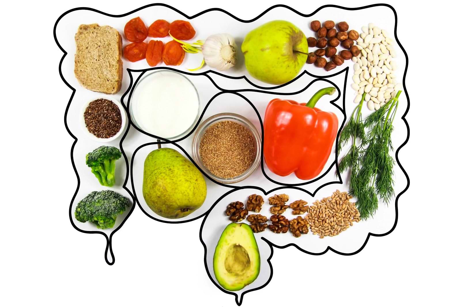 Restore Gut Health: Various fruits and vegetables placed within an illustration of the digestive system