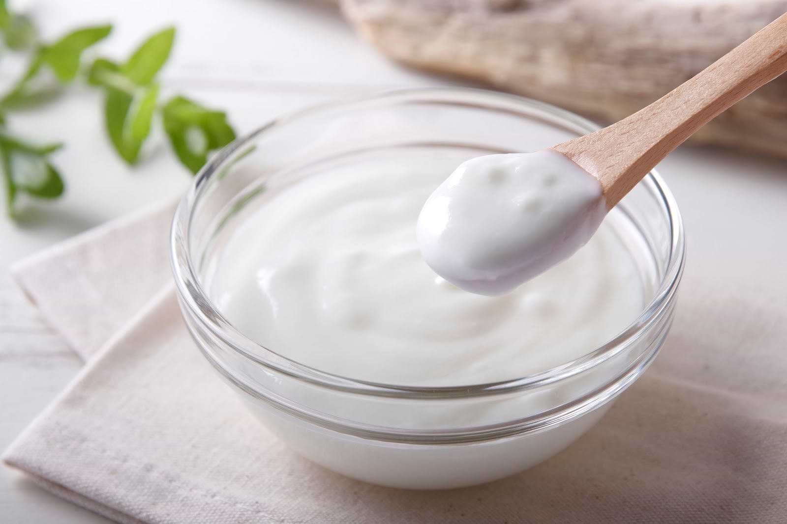 Kefir vs. yogurt: a bowl of plain yogurt with some on a spoon