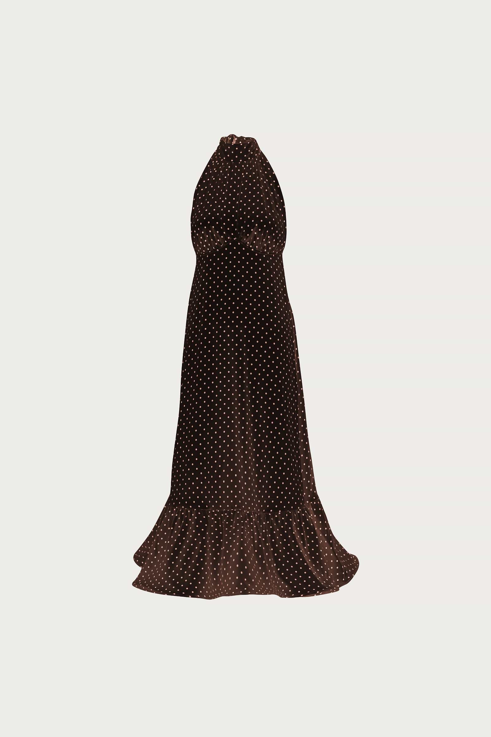 Halter Flounce Midi Dress (Brown Polka Dot)