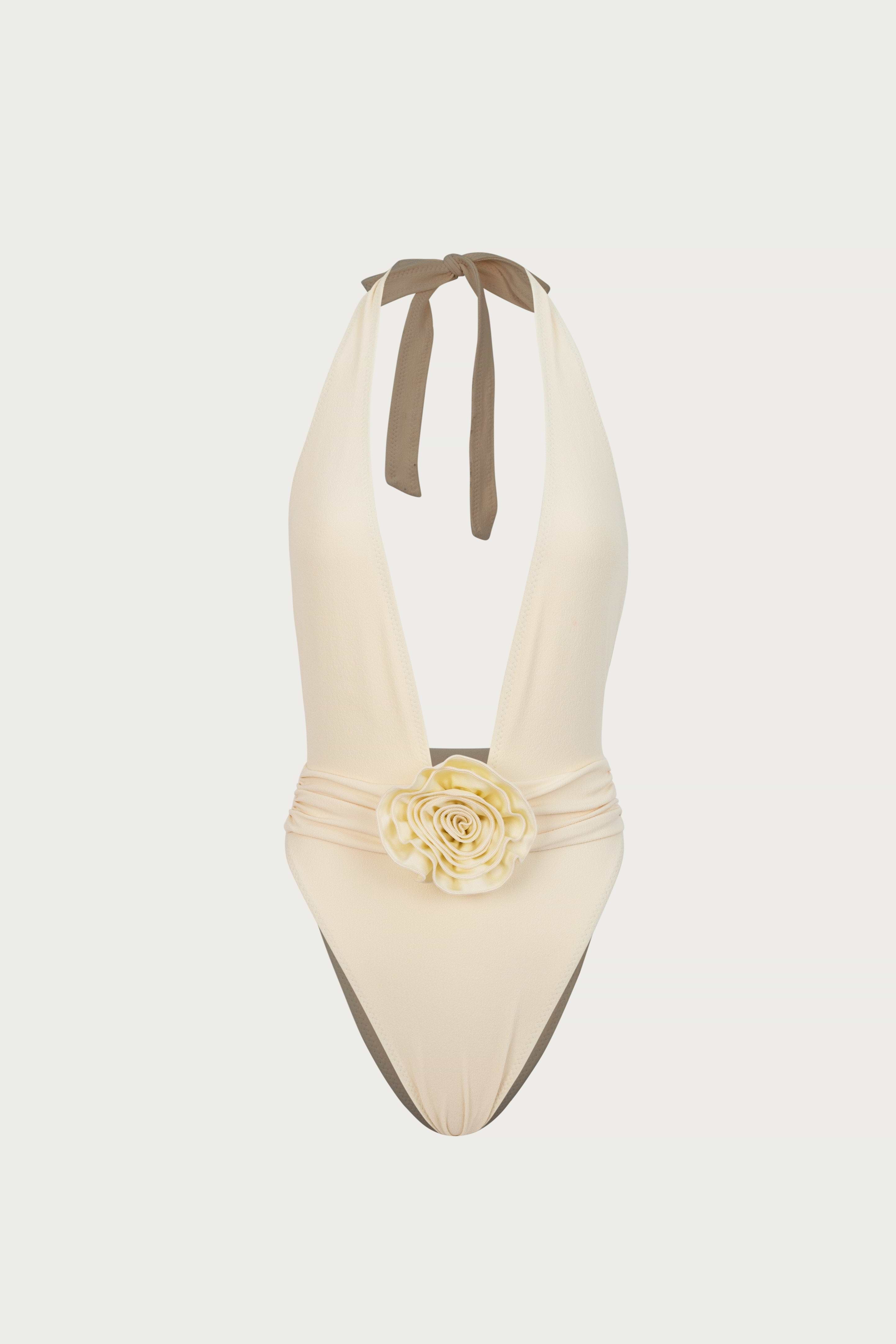 【美品】【INTIMITE】【佐々木希】Mesh VelourOne-piece SAME Rose V One Piece | Faux Suede Cream/Cream