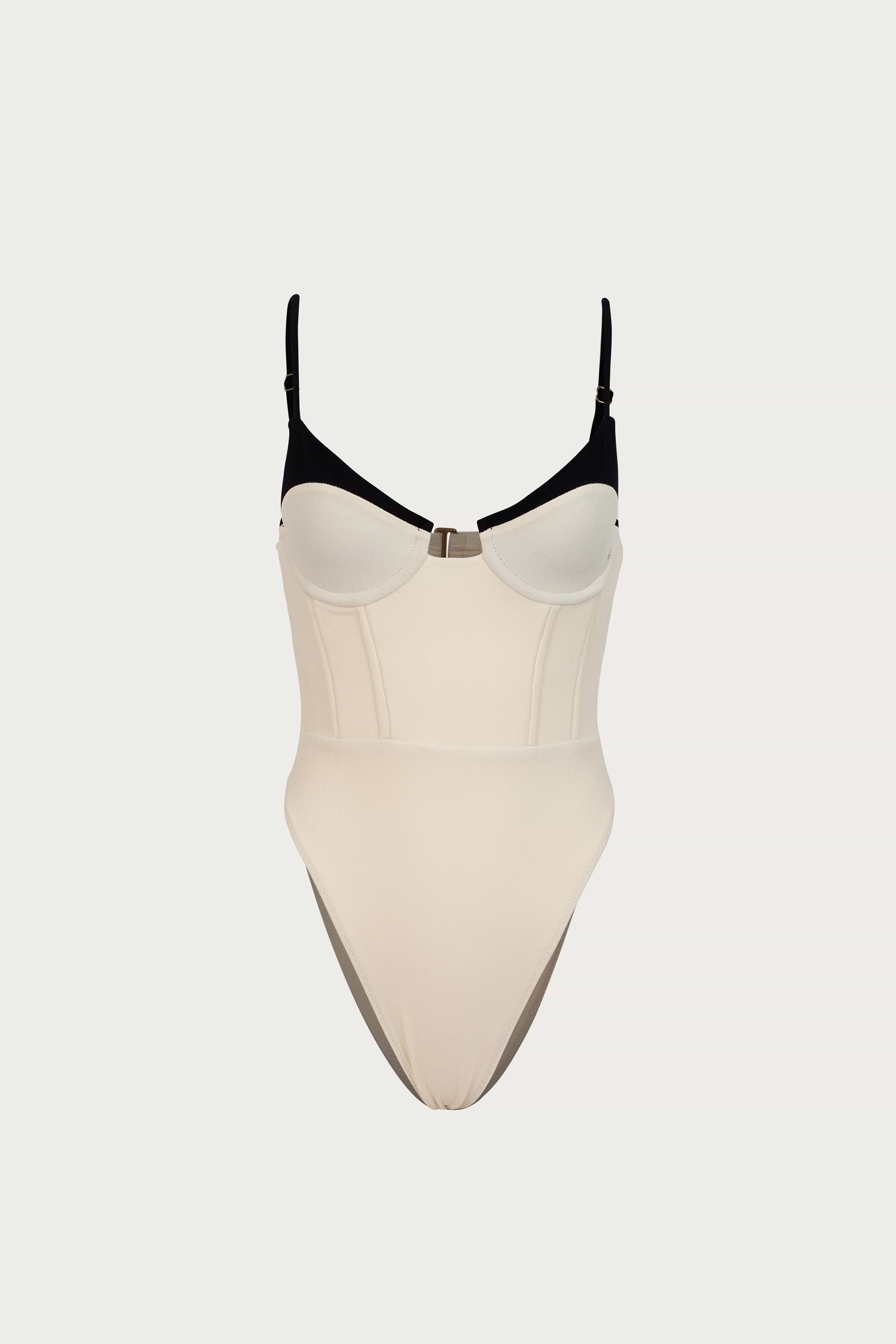 Double Layer Corset One Piece (Faux Suede Cream/Black)
