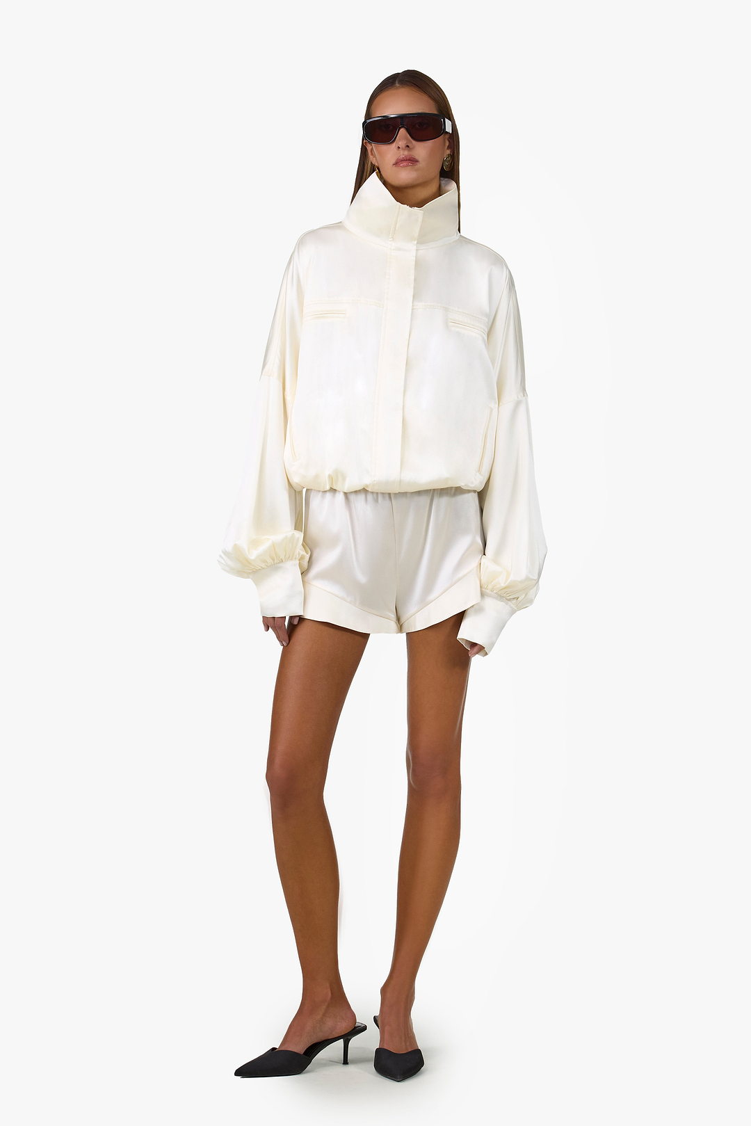 Silk Peplum Bomber Jacket (Cream)