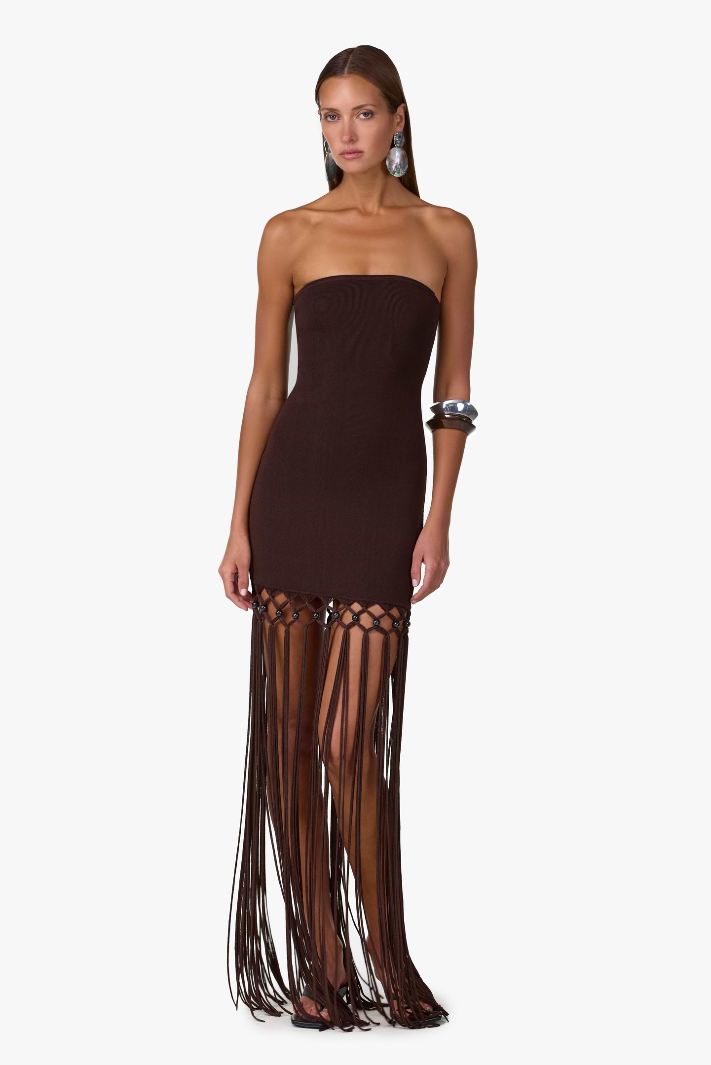 Strapless Beaded Fringe Dress (Chocolate Brown)