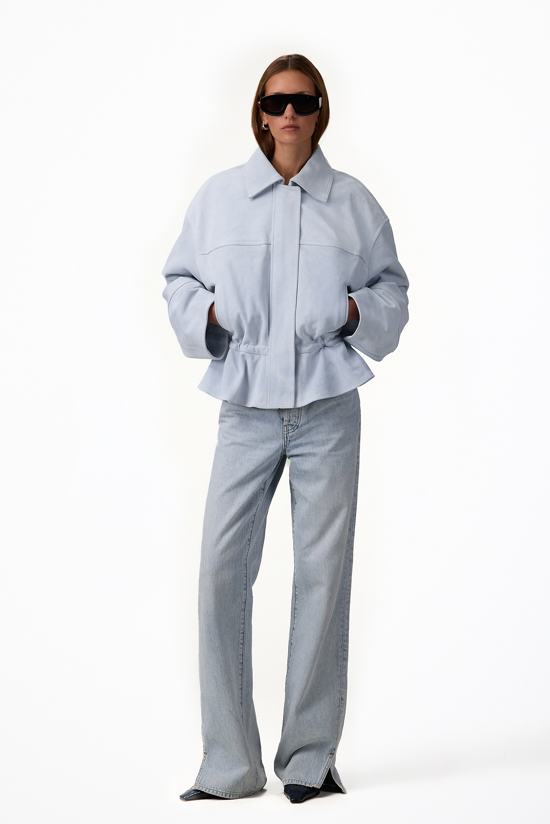 Suede Peplum Bomber Jacket (Pale Blue)