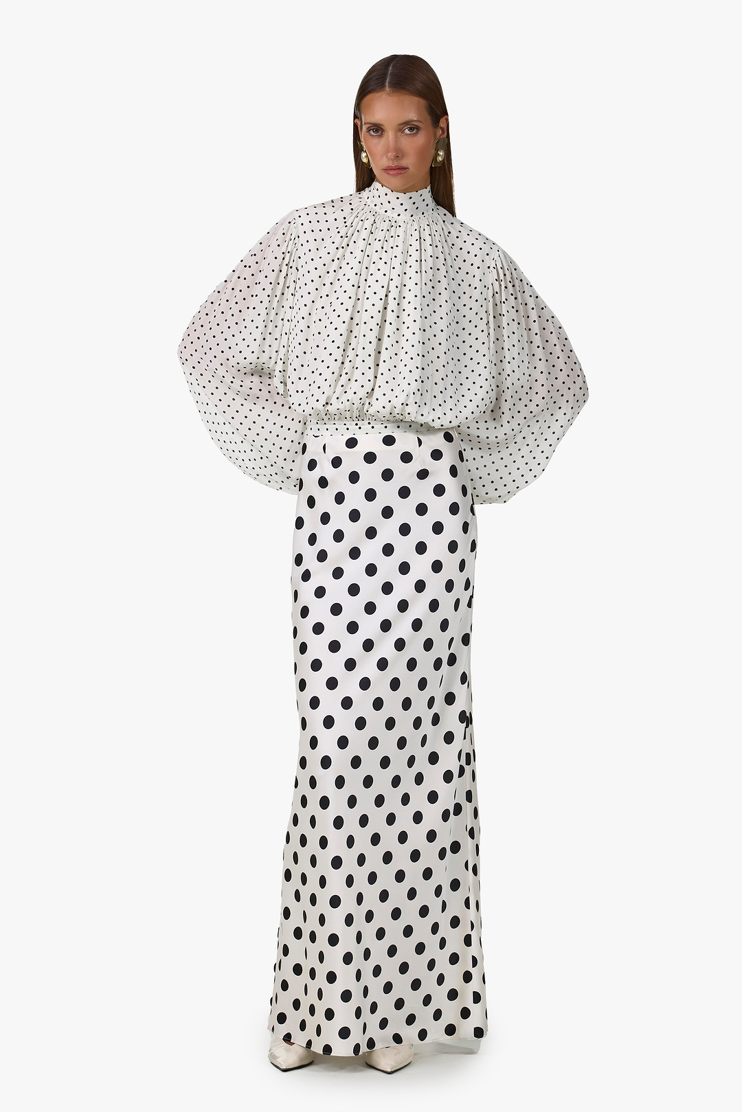 Draped Sleeve Chiffon Top (Cream Black Polka Dot)