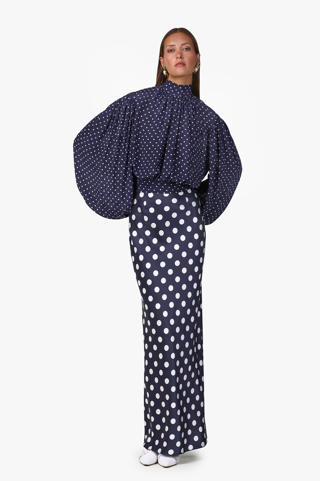 Draped Sleeve Chiffon Top (Navy White Polka Dot)