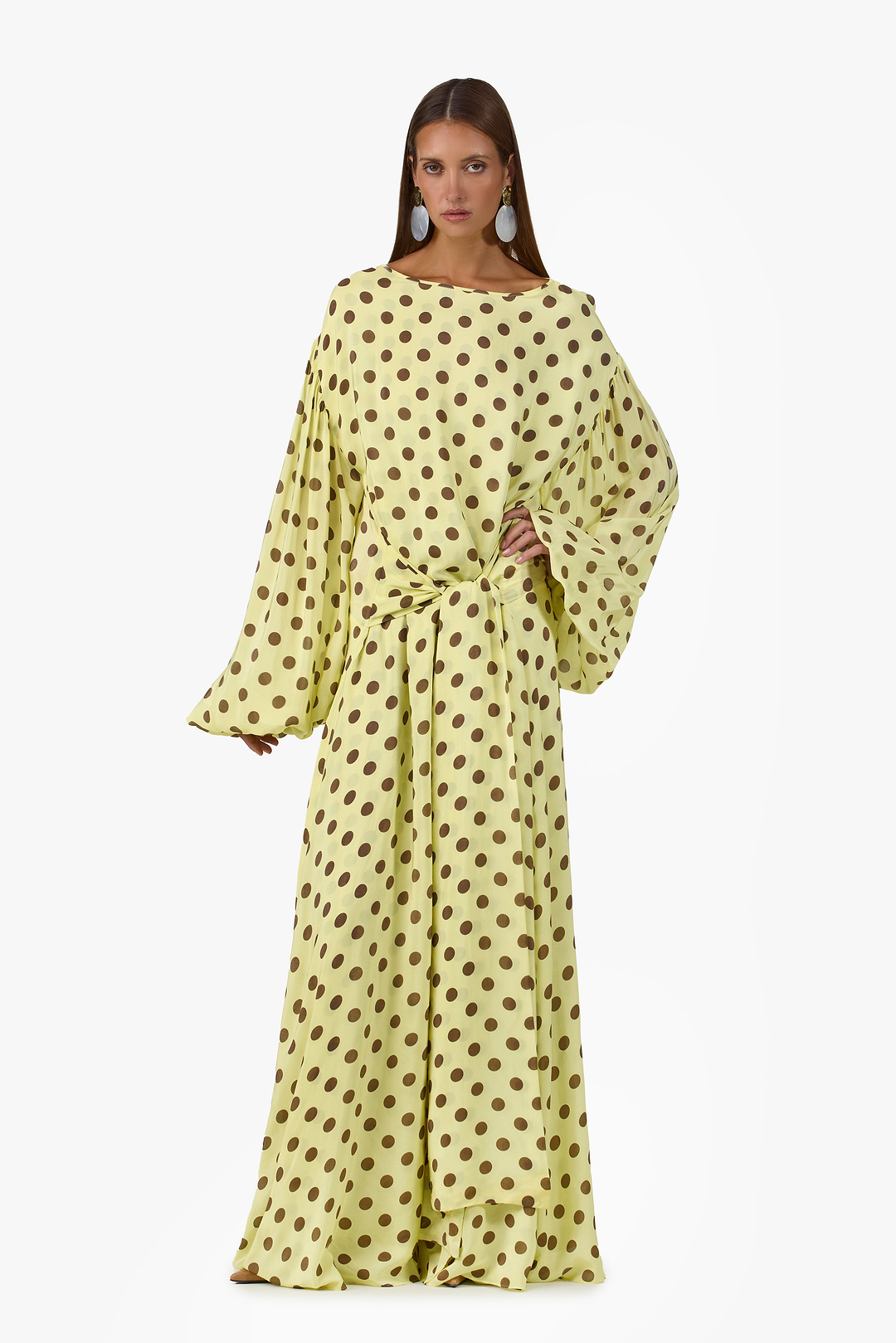 Draped Tie Chiffon Gown (Butter Yellow Polka Dot)