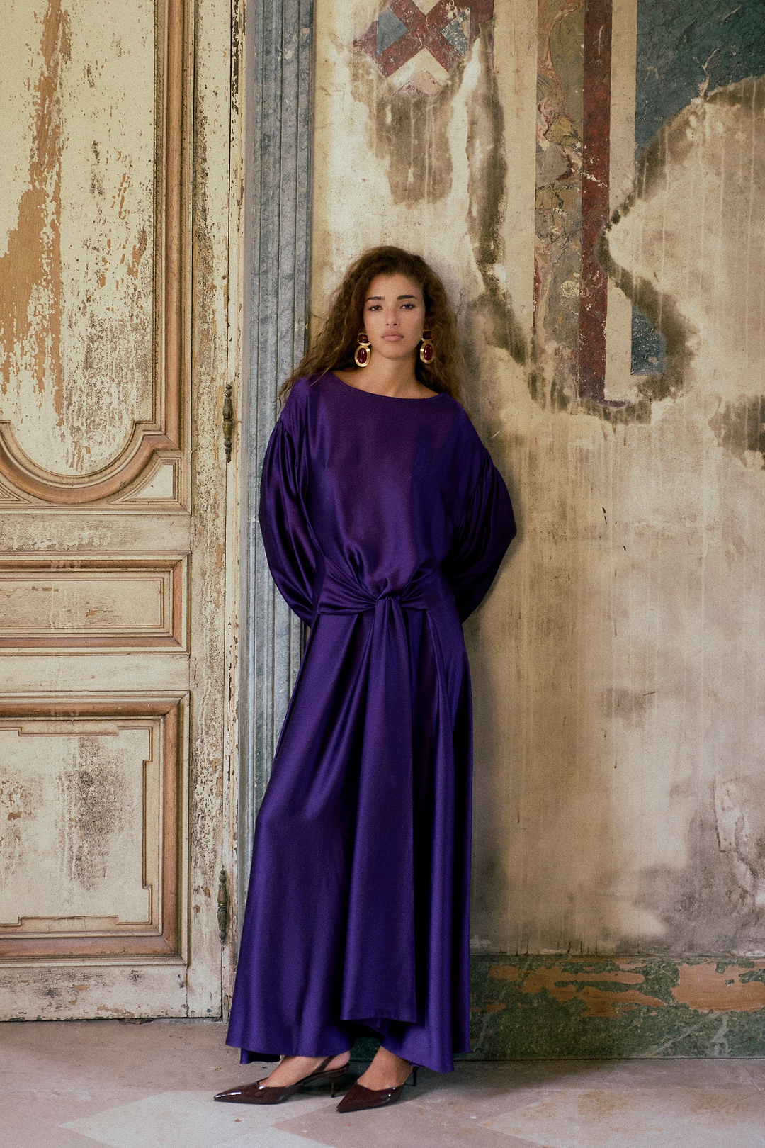 Draped Tie Silk Gown (Royal Purple)