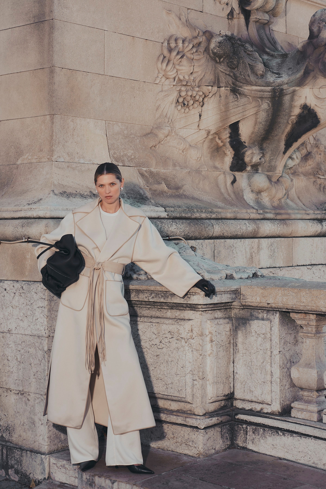 Fringe Tie Wool Coat (Ecru/Taupe)