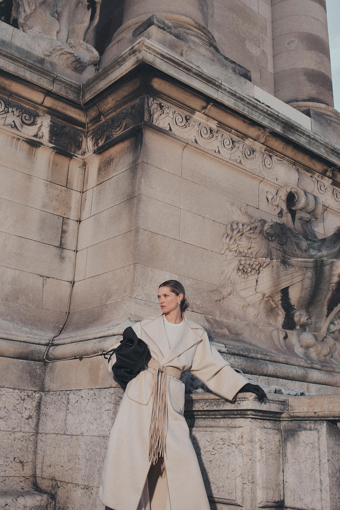 Fringe Tie Wool Coat (Ecru/Taupe)