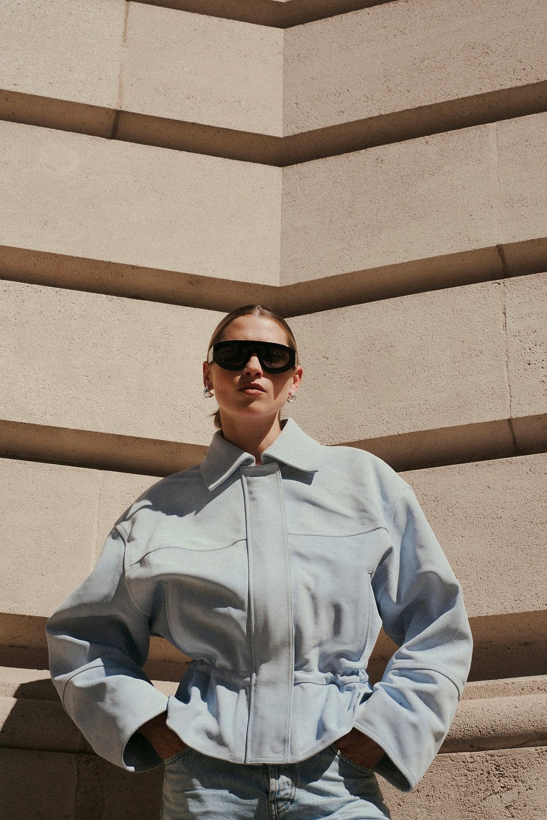 Suede Peplum Bomber Jacket (Pale Blue)