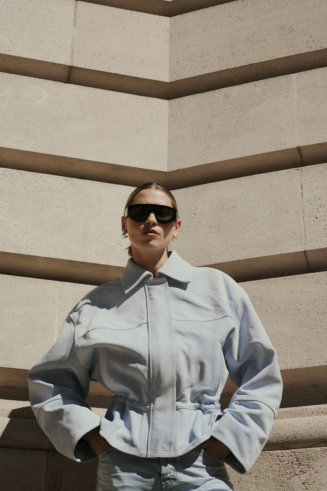 Suede Peplum Bomber Jacket (Light Blue)