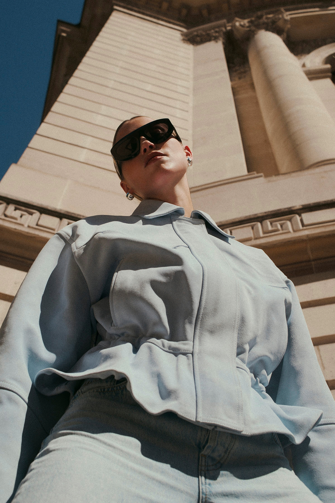 Suede Peplum Bomber Jacket (Light Blue)