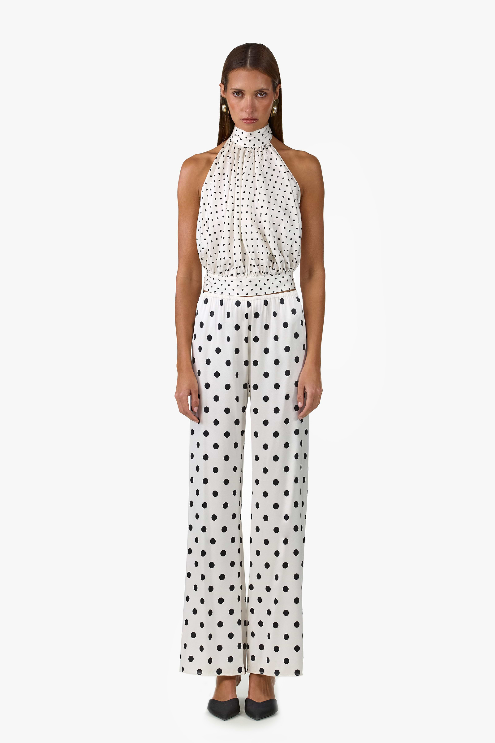 Silk Halter Top (Cream Black Polka Dot)