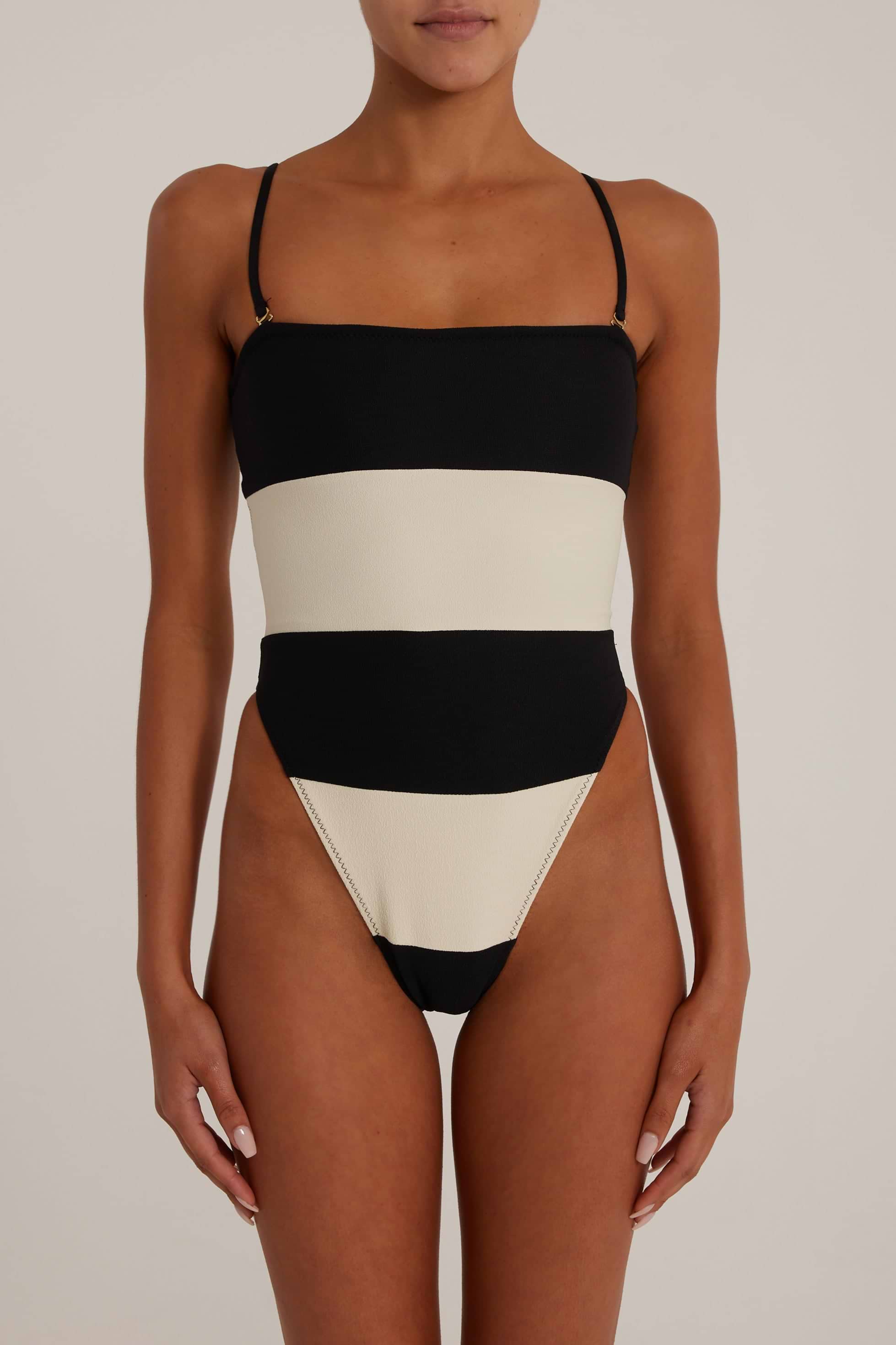 SAME Stripe Strapless One Piece | Faux Suede Black/Cream