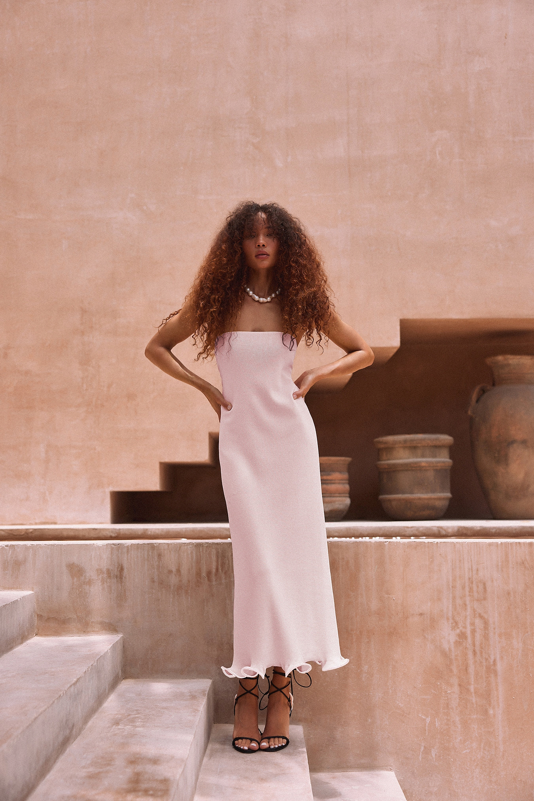 Ruffle Hem Strapless Dress (Pale Pink)